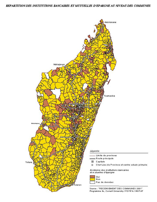 map image - REPARTITION DES INSTITUTIONS BANCAIRES ET MUTUELLES D'EPARGNE AU NIVEAU DES COMMUNES